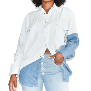 Each x Other Diagonal Color Block Denim Shirt on Well(un)known Available at Wellunknown.com