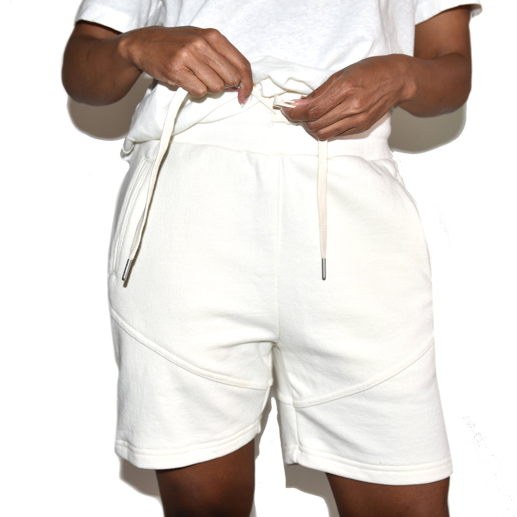 John Elliott Women's White Escobar Sweat Shorts on Well(un)known Available on wellunknown.com