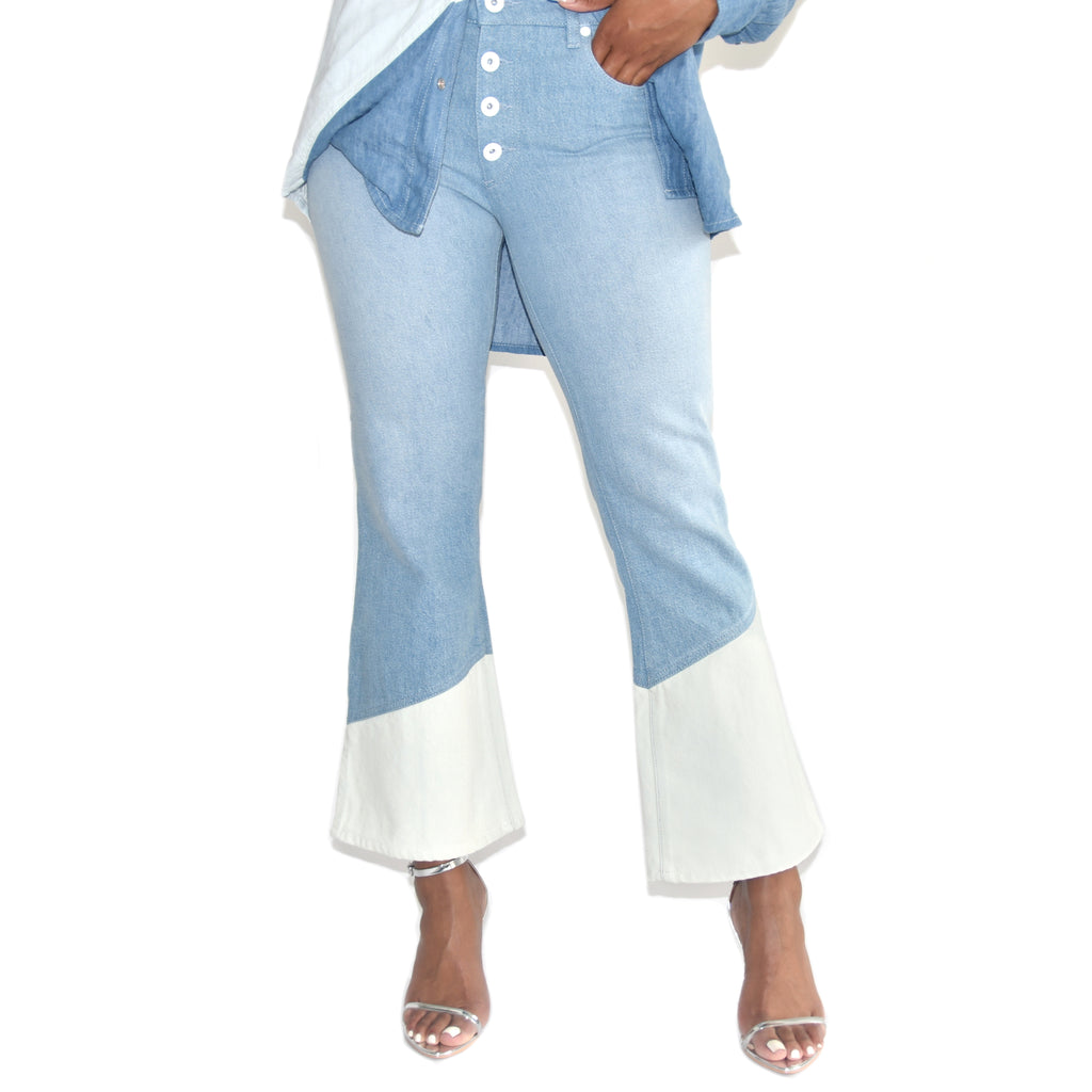 Each x Other Kick Fit Crop Flare Denim on Well(un)known Blue Jeans available at wellunknown.com