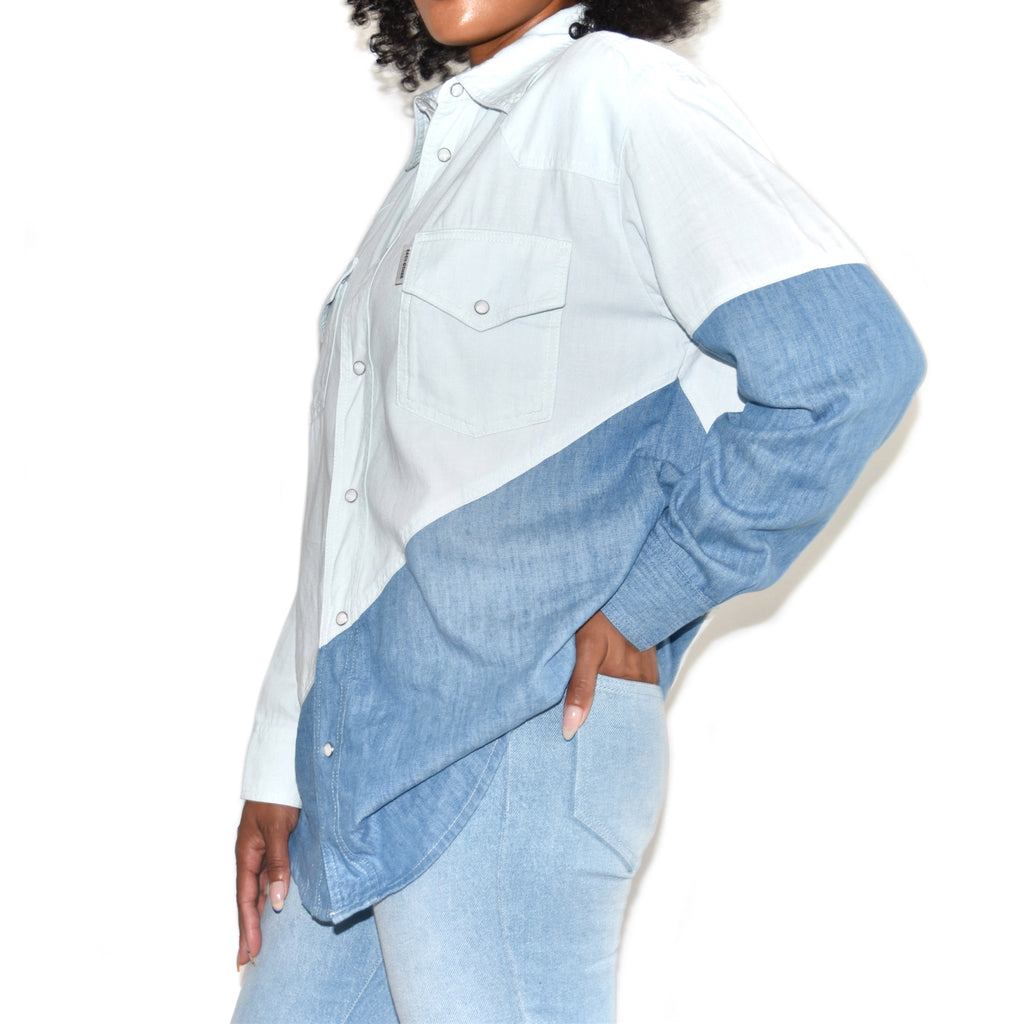 Each x Other Diagonal Color Block Denim Shirt on Well(un)known Available at Wellunknown.com