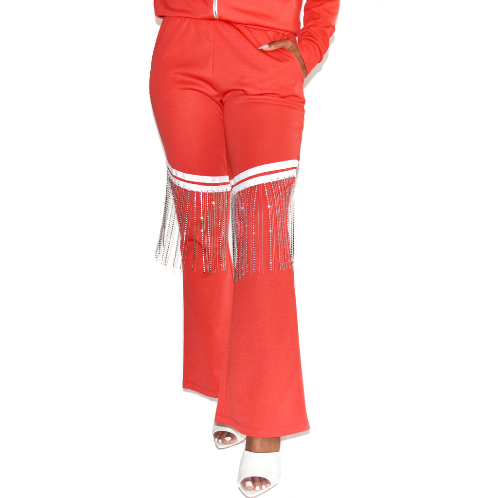 Each x Other Red Track Pants with Diamond Fringe on Well(un)known Available at wellunknown.com