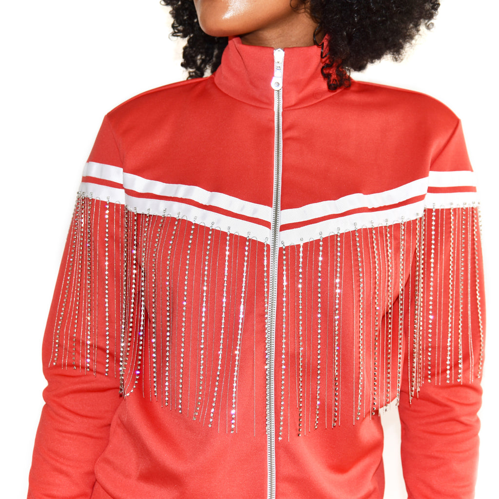 Each x Other Red Track Jacket with Diamond Fringe on Well(un)known Available at wellunknown.com