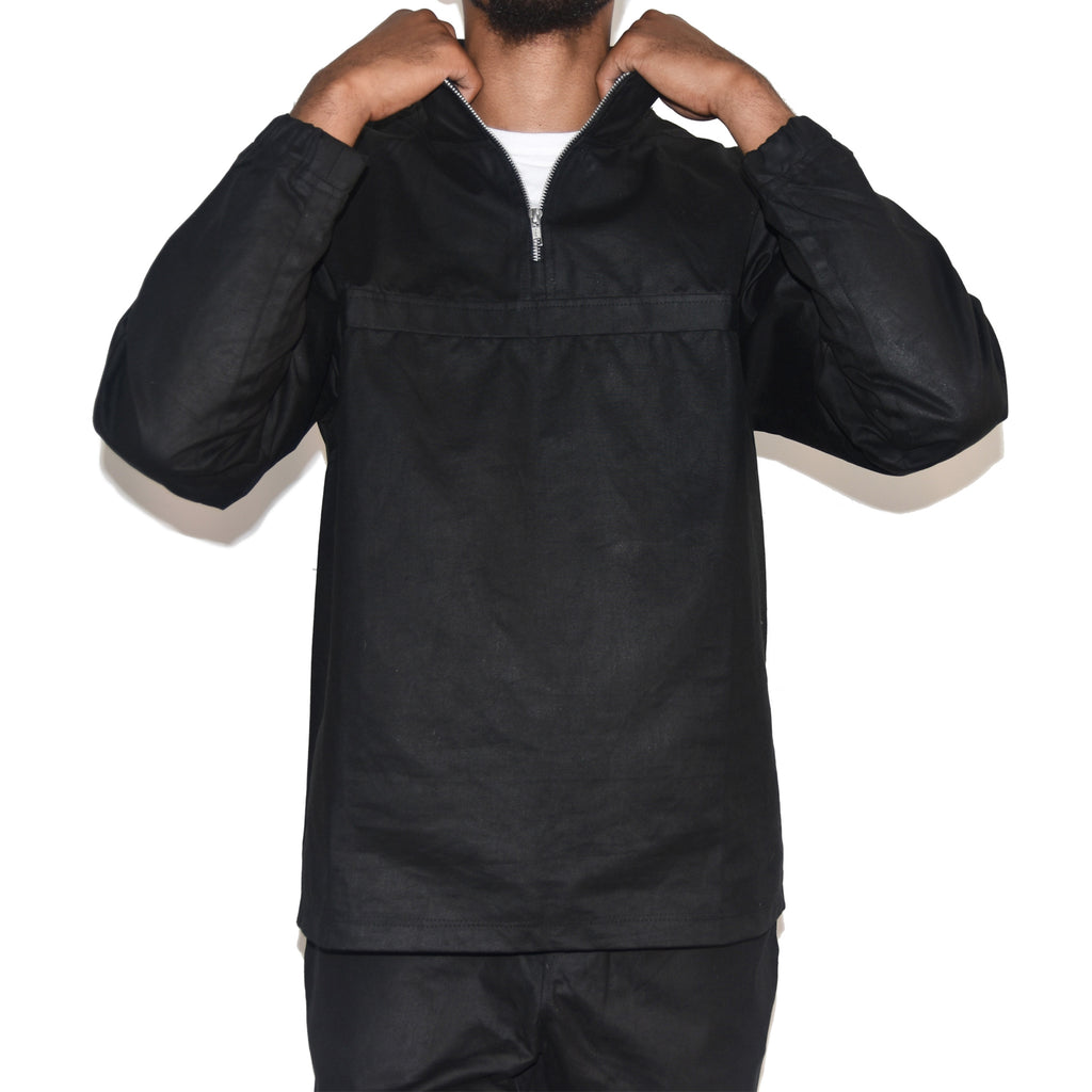 Habits Studios Waxed Cotton Half Zip Pullover Jacket in Black on Well(un)known wellunknown.com